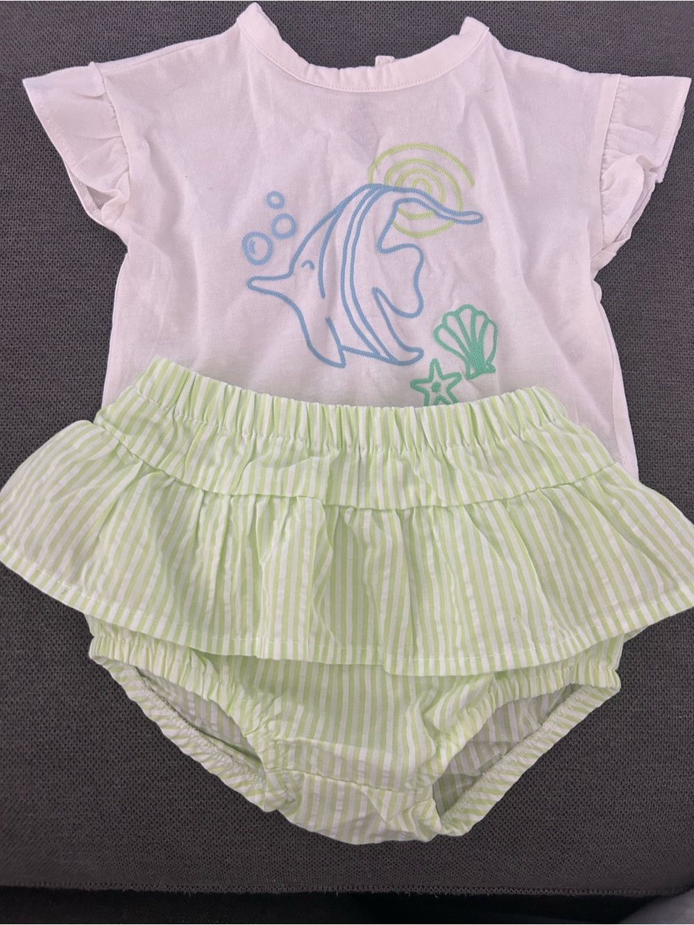 NWOT! Carter's White Top with Blue Sea Life and Green Striped Ruffled Bloomers